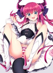 Rule 34 | 1girl, :d, armored boots, ass, bare shoulders, blue eyes, blue ribbon, boots, collarbone, commentary request, detached sleeves, dragon horns, dragon tail, elizabeth bathory (fate), elizabeth bathory (fate/extra ccc), elizabeth bathory (second ascension) (fate), fate/grand order, fate (series), groin, hand up, haruyuki (yukichasoba), highres, horns, knees up, long hair, long sleeves, looking at viewer, navel, open mouth, panties, plaid, plaid skirt, pointy ears, purple hair, ribbon, shirt, sidelocks, skirt, smile, solo, striped clothes, striped panties, tail, thighs, underbust, underwear, white footwear, white shirt