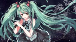 Rule 34 | 1girl, an-mar, bow, bowtie, green eyes, green hair, hatsune miku, highres, long hair, matching hair/eyes, microphone, microphone stand, musical note, skirt, solo, twintails, very long hair, vocaloid