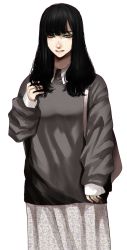 Rule 34 | 1girl, black hair, brown sweater, commentary request, cowboy shot, grey eyes, grey skirt, hand up, highres, hoshi san 3, long hair, long skirt, long sleeves, looking at viewer, mole, mole under eye, mole under mouth, original, parted lips, simple background, skirt, solo, sweater, white background