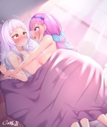 Rule 34 | 2girls, ?, ??, ahoge, blanket, blue hair, blush, braid, breast press, breasts, closed mouth, collarbone, eye contact, gmkj, hairband, highres, hololive, large breasts, long hair, looking at another, lying, minato aqua, multiple girls, murasaki shion, nipples, nose blush, on back, open mouth, pink eyes, pink hair, purple hairband, silver hair, smile, trembling, under covers, virtual youtuber, yellow eyes, yuri