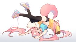 Rule 34 | 1girl, animal ear fluff, animal ears, arms up, banana, bike shorts, black shorts, black thighhighs, blue eyes, blue shirt, dog ears, dog girl, dog tail, food, fruit, highres, hyanna-natsu, legs, legs up, long hair, lying, midriff, navel, on back, open mouth, original, pink footwear, pink hair, shirt, shoes, short shorts, short sleeves, shorts, smile, sneakers, solo, tail, thighhighs, thighs, twintails, upside-down, very long hair