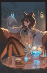Rule 34 | 1girl, agnes tachyon (umamusume), animal ears, ascot, black ascot, brown hair, closed mouth, crossed legs, erlenmeyer flask, flask, highres, holding, holding test tube, horse ears, horse girl, indoors, iv stand, lab coat, looking at viewer, mia (39565899), pantyhose, red eyes, sleeves past fingers, sleeves past wrists, smile, solo, sweater, table, test tube, umamusume, yellow sweater