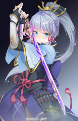 Rule 34 | 1girl, absurdres, arm guards, armor, armored dress, ayaka (genshin impact), blue dress, blue eyes, blue hair, blue shirt, blunt bangs, blush, breastplate, breasts, bridal gauntlets, chouchou (austin), detached sleeves, dress, genshin impact, hair ornament, highres, japanese armor, jewelry, katana, large breasts, light blue hair, long hair, looking at viewer, neck ring, open clothes, open shirt, ponytail, rope, shirt, short sleeves, sidelocks, solo, sword, tassel, weapon