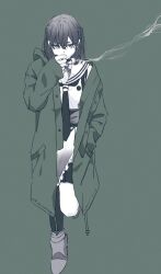 Rule 34 | 1girl, cigarette, coat, green background, green coat, hair between eyes, hand in pocket, holding, holding cigarette, kantai collection, leg up, long sleeves, looking at viewer, monochrome, neckerchief, open clothes, open coat, rinto (rint rnt), sailor collar, school uniform, sendai (kancolle), sendai kai ni (kancolle), serafuku, shoes, simple background, single thighhigh, skirt, sleeves past wrists, smoke, smoking, solo, spot color, standing, thighhighs