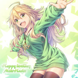 Rule 34 | 1girl, ahoge, black thighhighs, blonde hair, breasts, butterfly ornament, character name, collarbone, green eyes, green sweater, hair between eyes, happy birthday, hoshii miki, idolmaster, idolmaster (classic), idolmaster million live!, jewelry, long hair, looking at viewer, medium breasts, nanaran, necklace, open mouth, smile, solo, star (symbol), star print, sweater, teeth, thighhighs, upper teeth only