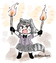 Rule 34 | 1girl, :d, animal ears, black gloves, black skirt, bow, bowtie, brown eyes, chibi, commentary, common raccoon (kemono friends), fang, full body, fur collar, gloves, grey hair, holding, holding torch, kemono friends, open mouth, panzuban, raccoon ears, raccoon girl, raccoon tail, short hair, short sleeves, simple background, skirt, smile, solo, striped tail, tail, torch, twitter username, v-shaped eyebrows, white background