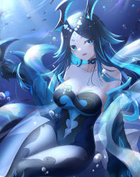 Rule 34 | 1girl, absurdres, arm support, bare shoulders, blue eyes, blue hair, blush, bonanus (genshin impact), breasts, bubble, choker, cleavage, collarbone, covered navel, cowboy shot, detached sleeves, dress, facial mark, fang, fish, genshin impact, hair flaps, highres, holding, holding own hair, horns, jndfh, large breasts, long hair, looking at viewer, open mouth, parted bangs, sidelocks, sitting, smile, solo, strapless, strapless dress, underwater