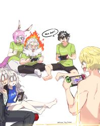 Rule 34 | 0 0, 2girls, 4boys, absurdres, animal ears, arts shirt, barefoot, beard, black hair, blonde hair, charlemagne (fate), don quixote (fate), english text, facial hair, fate/grand order, fate (series), formal, glasses, grey hair, highres, horse ears, house tag denim, indian style, kriemhild (fate), light censor, long hair, motion blur, multiple boys, multiple girls, mustache, nintendo switch, nude, pink hair, playing games, quick shirt, roland (fate), sancho (fate), siegfried (fate), siegfried (super cool biz) (fate), sitting, sparkling eyes, suit, twitter username, white background, white hair