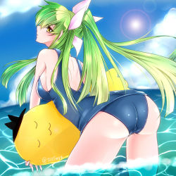 Rule 34 | 1girl, artist request, ass, back, bare shoulders, blush, breasts, c.c., cheese-kun, code geass, cosplay, from behind, green hair, hair ribbon, i-19 (kancolle), i-19 (kancolle) (cosplay), kantai collection, large breasts, long hair, looking back, one-piece swimsuit, parted lips, ribbon, school swimsuit, shiny clothes, shiny skin, sideboob, solo, swimsuit, twintails, water
