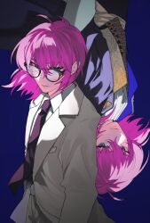 ahoge benur bespectacled black_necktie blue_background count_saint-germain dandadan formal_clothes glasses green_eyes hair_between_eyes jacket long_hair looking_at_viewer necktie pink_hair round_eyewear scarf standing suit teacher white_scarf white_suit