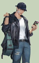 Rule 34 | 1boy, airpods, bag, bandaid, bandaid on head, belt, black belt, black eyes, black hair, black headwear, black jacket, blue pants, copyright request, cowboy shot, green background, green bag, highres, holding, holding phone, jacket, leather, leather jacket, looking at phone, male focus, pants, phone, shewnut, shirt, simple background, solo, sticker, torn clothes, torn pants, white shirt, wireless earphones