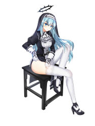 Rule 34 | 1girl, :/, absurdres, adjusting garter, ankle ribbon, ascot, belt, black belt, black dress, black footwear, black halo, black headwear, black ribbon, blue eyes, blue hair, breasts, closed mouth, closers, coif, collared shirt, spiked halo, dress, elbow on thigh, full body, garter belt, gloves, habit, halo, high heels, highres, impossible clothes, impossible dress, juliet sleeves, knee up, lace, lace-trimmed thighhighs, leg ribbon, long hair, long sleeves, looking at viewer, mary janes, medium breasts, nun, official art, on stool, pelvic curtain, puffy sleeves, ribbon, shirt, shoes, sitting, solo, stool, tachi-e, thighhighs, thighhighs pull, thighs, v-shaped eyebrows, very long hair, violet (closers), white ascot, white background, white garter belt, white gloves, white shirt, white thighhighs, wing collar, zettai ryouiki