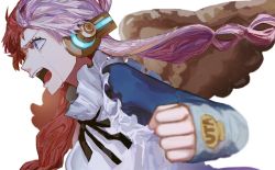 Rule 34 | 1girl, black ribbon, clenched hand, crying, crying with eyes open, frills, from side, hair rings, headphones, highres, long hair, long sleeves, multicolored hair, one piece, one piece film: red, open mouth, patterned hair, pink eyes, pink hair, red hair, ribbon, solo, streaming tears, tears, uta (one piece), white background, wings, yadu nadu
