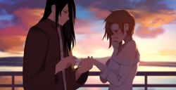 Rule 34 | 1boy, 1girl, absurdres, black hair, blush, breasts, commentary, crying, dishwasher1910, english commentary, green eyes, highres, jewelry, lie ren, long hair, marriage proposal, nora valkyrie, orange hair, pink eyes, ring, rwby, short hair, smile, wedding ring