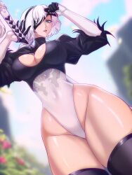 Rule 34 | 1girl, 2b (nier:automata), absurdres, blue eyes, blue sky, breasts, cleavage, curvy, day, eyelid pull, highleg, highleg leotard, highres, holding, holding sword, holding weapon, large breasts, leotard, mole, mole under mouth, nier:automata, nier (series), one eye covered, opalis, shiny skin, sky, solo, square enix, sword, thick thighs, thighs, weapon, white hair, white leotard, wide hips