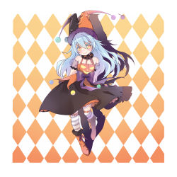 Rule 34 | 10s, 1other, absurdres, androgynous, argyle, argyle background, argyle clothes, bare shoulders, blue hair, blush, boots, colored eyelashes, commentary request, full body, fur trim, halloween, halterneck, hat, highres, jester cap, kkkkuma, layered skirt, long hair, looking at viewer, ribbon, rimuru tempest, shadow, skirt, striped clothes, striped legwear, striped thighhighs, tensei shitara slime datta ken, thighhighs, yellow eyes