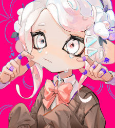 Rule 34 | 1other, 2girls, bandaid, bandaid on hand, blush, bow, bowtie, brown cardigan, cardigan, cheek pull, closed mouth, commentary, ear blush, fang, fang out, female focus, flower, hair flower, hair ornament, highres, kumo (kumo hsc0216), long sleeves, multiple girls, nintendo, octoling, octoling girl, octoling player character, pink background, pink bow, pink bowtie, pointy ears, signature, simple background, solo focus, splatoon (series), symbol-only commentary, tears, tentacle hair, upper body, white eyes, white flower
