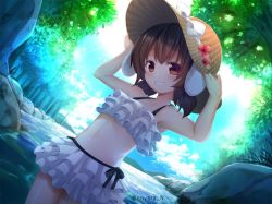 Rule 34 | 1girl, animal ears, armpits, arms up, bare arms, bikini, blue sky, brown hair, rabbit ears, collarbone, commentary request, day, dutch angle, flower, frilled bikini, frills, hat, hat flower, inaba tewi, lens flare, looking at viewer, medium hair, navel, nnyara, outdoors, red eyes, red flower, rock, short twintails, sky, smile, solo, straw hat, summer, swimsuit, touhou, tree, twintails, twitter username, water, white bikini