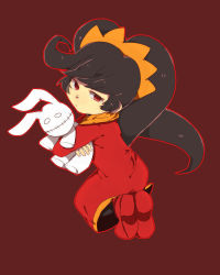 Rule 34 | 1girl, asatami (pixiv6025254), ashley (warioware), black hair, black pantyhose, commentary request, dress, from behind, full body, hairband, holding, holding stuffed toy, long hair, long sleeves, looking at viewer, looking back, nintendo, orange hairband, outline, pantyhose, red background, red dress, red eyes, red footwear, red outline, shoes, simple background, solo, stuffed animal, stuffed rabbit, stuffed toy, twintails, very long hair, warioware