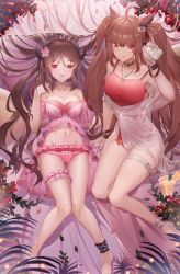 Rule 34 | 2girls, :p, absurdres, angelina (arknights), animal ears, arknights, bare shoulders, barefoot, bikini, black choker, blush, breasts, brown hair, choker, cleavage, collarbone, eyjafjalla (arknights), flower, highres, horns, huge filesize, jewelry, jinjide shaonian, large breasts, long hair, looking at viewer, lying, medium breasts, multiple girls, navel, necklace, off shoulder, on back, pink bikini, red eyes, sitting, smile, swimsuit, thigh strap, tongue, tongue out, twintails