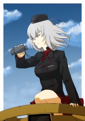 Rule 34 | 10s, 1girl, arm support, binoculars, black hat, black jacket, blue eyes, closed mouth, cloud, cloudy sky, commentary request, day, dress shirt, eyelashes, frown, garrison cap, girls und panzer, half-closed eyes, hat, highres, holding, holding binoculars, hp23, itsumi erika, jacket, kuromorimine military uniform, leg up, long hair, long sleeves, looking to the side, military, military hat, military uniform, miniskirt, outdoors, outside border, pleated skirt, red shirt, red skirt, shirt, silver hair, skirt, sky, solo, standing, tank cupola, throat microphone, uniform, wind