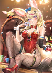 Rule 34 | 1girl, animal ear fluff, animal ears, bare shoulders, black hair, blonde hair, blue bow, blush, bow, breasts, card, covered navel, crossed legs, detached sleeves, dutch angle, facial mark, fishnet pantyhose, fishnets, foot out of frame, fox ears, fox girl, fox tail, gloves, grin, hair bow, hair ornament, high heels, himonoata, holding, holding card, hololive, legs, leotard, long hair, long sleeves, medium breasts, multicolored hair, omaru polka, pantyhose, pink hair, poker chip, red footwear, red gloves, red leotard, single detached sleeve, single glove, sitting, skindentation, smile, solo, streaked hair, tail, virtual youtuber, wrist cuffs, x hair ornament, zain (omaru polka)