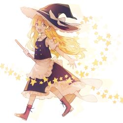 Rule 34 | 1girl, apron, black skirt, black vest, blonde hair, boots, bow, braid, broom, collared shirt, commentary request, hair bow, hat, hat bow, holding, holding broom, inuko (ink0425), kirisame marisa, long hair, looking at viewer, open mouth, shirt, short sleeves, side braid, single braid, skirt, smile, solo, star (symbol), touhou, vest, waist apron, white apron, white bow, white shirt, witch hat, yellow eyes