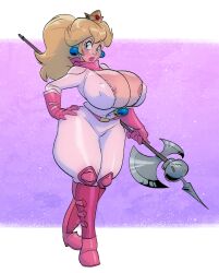 Rule 34 | 1girl, absurdres, areola slip, axe, blonde hair, blue eyes, breasts, bursting breasts, cleavage, hand on own hip, highres, huge breasts, legs, long hair, looking at viewer, mario (series), nintendo, pink lips, ponytail, princess, princess peach, slb, solo, the super mario bros. movie, thick thighs, thighs, unzipped, weapon, wide hips