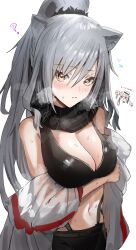 Rule 34 | 2girls, ?, animal ears, arknights, arm under breasts, bikini, black bikini, black scarf, blush, breasts, cat ears, ceylon (arknights), chibi, chibi inset, cleavage, closed mouth, commentary request, grey hair, highres, horn/wood, jacket, large breasts, long hair, long sleeves, looking at viewer, multiple girls, navel, open clothes, open jacket, pink hair, ponytail, scarf, schwarz (arknights), solo focus, steaming body, sweater, swimsuit, translation request, upper body, very long hair, yellow eyes