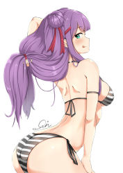 Rule 34 | 1girl, :q, absurdres, arched back, armlet, artist name, ass, back, bikini, black bikini, blush, breasts, chinese commentary, closed mouth, commentary request, double bun, from side, green eyes, hair bun, hair ribbon, hair tie, hand in own hair, hand on own thigh, highres, leaning forward, light blush, long hair, looking at viewer, looking back, low-tied long hair, medium breasts, mole, mole under eye, original, purple hair, qianxiaolin, red ribbon, ribbon, shoulder blades, side-tie bikini bottom, signature, simple background, skindentation, smile, solo, standing, striped bikini, striped clothes, swimsuit, tongue, tongue out, very long hair, white background