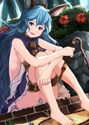 Rule 34 | 10s, 1girl, :d, animal ears, backless outfit, bad id, bad pixiv id, bare arms, bare shoulders, barefoot, blue hair, blush, breasts, brown eyes, rabbit ears, day, erune, feet, ferry (granblue fantasy), flower, granblue fantasy, grey panties, hair between eyes, hibiscus, kanzaki kureha, hugging own legs, long hair, looking at viewer, medium breasts, open mouth, outdoors, panties, pantyshot, sideboob, sitting, smile, solo, sunlight, thighlet, underwear, very long hair, wavy hair, whip