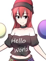 Rule 34 | 1girl, bare shoulders, clothes writing, collar, english text, hat, hecatia lapislazuli, kuroba rapid, long hair, looking at viewer, navel, off-shoulder shirt, off shoulder, red eyes, red hair, shirt, simple background, smile, solo, t-shirt, touhou, upper body, white background