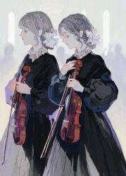 Rule 34 | 2girls, black dress, bow, bow (music), braid, closed eyes, closed mouth, colored eyelashes, commentary request, dress, expressionless, frilled shirt collar, frills, hair bow, highres, holding, holding instrument, holding violin, instrument, long sleeves, multiple girls, original, profile, puffy long sleeves, puffy sleeves, short hair, side braid, silhouette, single braid, standing, violin, white bow, yuko (foret noire)