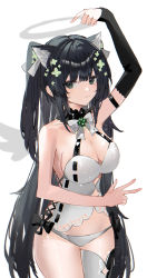 Rule 34 | 1girl, :|, absurdres, angel, angel wings, animal ears, arm strap, arm up, bare arms, bare shoulders, black choker, black hair, blush, bow, bowtie, breasts, camisole, cat ears, choker, cleavage, closed mouth, clover hair ornament, cowboy shot, elbow gloves, frilled choker, frills, gloves, green eyes, hair ornament, halo, highres, large breasts, long hair, original, panties, raiya atelier, sidelocks, simple background, single elbow glove, single thighhigh, solo, thighhighs, thighs, two side up, underwear, very long hair, w, white background, white bow, white bowtie, white panties, white thighhighs, wings