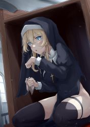 Rule 34 | 1girl, :o, absurdres, bad id, bad pixiv id, black thighhighs, blonde hair, blue eyes, breasts, covered navel, cross, cross necklace, female focus, habit, hair between eyes, highres, holding cloth, indoors, jewelry, long hair, long sleeves, looking at viewer, medium breasts, necklace, nun, original, pelvic curtain, sitting, solo, t-hou, thigh strap, thighhighs, thighs, under table, wariza, window