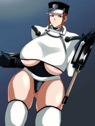 Rule 34 | 1girl, areola slip, bikini, breasts, brown eyes, brown hair, gouketsuji ichizoku, hat, highres, large areolae, large breasts, looking at viewer, mature female, milkcarton man, police, police hat, police uniform, policewoman, short hair, solis r8000, steam, sweat, sweatdrop, swimsuit, thick thighs, thighhighs, thighs, uniform, weapon