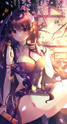 Rule 34 | 1girl, absurdres, anklet, azur lane, bad id, bad pixiv id, black hair, blue flower, breasts, brown eyes, bug, butterfly, china dress, chinese clothes, cleavage, commentary, dress, floral print, flower, folded fan, folding fan, hair between eyes, hair flower, hair ornament, hand fan, hiei (azur lane), hiei (fragrant red plum) (azur lane), highres, horns, huge filesize, insect, jewelry, large breasts, long hair, looking at viewer, open mouth, petals, purple dress, revision, sitting, solo, very long hair, wine (2148 wine)