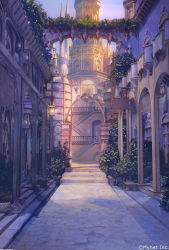 Rule 34 | angelmaster, arch, arsenixc, bush, city, column, commentary request, highres, no humans, outdoors, path, pillar, pot, road, scenery, stairs, star (sky), sunset, tower, watermark