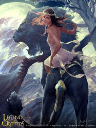 Rule 34 | 10s, 2014, backless dress, backless outfit, bare shoulders, brown hair, chimera, company name, copyright name, crowgod, dated, dress, head wreath, highres, legend of the cryptids, long hair, looking back, official art, open mouth, riding, signature, smile, solo, white dress