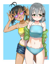 Rule 34 | 2girls, :d, absurdres, adjusting eyewear, adjusting glasses, ahoge, aqua bikini, arms behind back, artist request, bikini, bikini under clothes, black hair, blue background, blush, border, closed mouth, collarbone, commentary request, cowboy shot, furrowed brow, green-tinted eyewear, green-tinted glasses, green eyes, groin, hair ornament, hairclip, heart, highres, kuraue hinata, leaning to the side, looking away, miyujin, multiple girls, navel, open mouth, outside border, purple-tinted eyewear, purple-tinted glasses, shorts, silver hair, smile, standing, sunglasses, swimsuit, swimsuit under clothes, tan, tanline, tinted eyewear, twintails, yama no susume, yellow-tinted eyewear, yellow-tinted glasses, yellow bikini, yukimura aoi