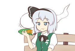 Rule 34 | 1girl, :t, bench, blue eyes, bow, bowtie, corn, corn cob, eating, flat color, food, food on face, konpaku youmu, konpaku youmu (ghost), on bench, pun, shirt, short hair, silver hair, sitting, solo, touhou, vest, wool (miwol), you&#039;re doing it wrong