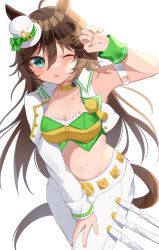 Rule 34 | 1girl, absurdres, ahoge, animal ears, aqua eyes, bow, brown hair, commentary request, green bow, green shirt, hair between eyes, hat, hat bow, highres, horse ears, jacket, kaoru (h8qm9), long hair, long sleeves, looking at viewer, mini hat, mini top hat, mr. c.b. (umamusume), open clothes, open jacket, pants, parted lips, shirt, simple background, single sleeve, solo, strapless, strapless shirt, top hat, umamusume, very long hair, white background, white hat, white jacket, white pants