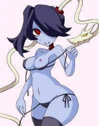 Rule 34 | 1girl, blue skin, breasts, colored skin, covered erect nipples, hair over one eye, leviathan (skullgirls), misaki naoe, nipples, red eyes, skullgirls, solo, squigly (skullgirls), stitched mouth, stitches, thighhighs, underwear, undressing, zombie