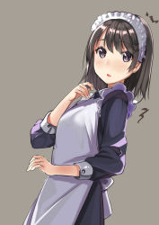 Rule 34 | 1girl, apron, blush, brown hair, dress, from side, grey background, hair ornament, hairband, hairclip, highres, kagematsuri, long sleeves, looking at viewer, looking to the side, maid apron, maid headdress, original, purple apron, purple dress, purple eyes, short hair, simple background, solo, sweatdrop
