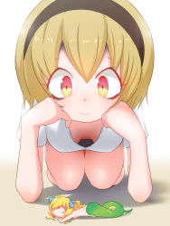 Rule 34 | 2girls, blonde hair, blush, breasts, cleavage, closed mouth, downblouse, hair ornament, hair ribbon, hairband, hanging breasts, highres, jashin-chan, jashin-chan dropkick, lamia, long hair, looking down, mini person, minigirl, monster girl, multicolored eyes, multiple girls, pekora (jashin-chan dropkick), red eyes, ribbon, sat-c, shirt, short hair, simple background, small breasts, topless, white background, white shirt, yellow eyes