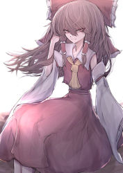 Rule 34 | 1girl, 33 gaff, ascot, bandages, bare shoulders, bow, breasts, brown hair, closed mouth, collarbone, collared shirt, commentary request, detached sleeves, eyelashes, eyes visible through hair, frills, grey shirt, hair between eyes, hair ornament, hair tubes, hakurei reimu, hand up, light, long hair, long skirt, long sleeves, looking at viewer, red bow, red eyes, red skirt, red vest, shirt, simple background, sitting, skirt, small breasts, smile, solo, touhou, vest, wide sleeves, yellow ascot