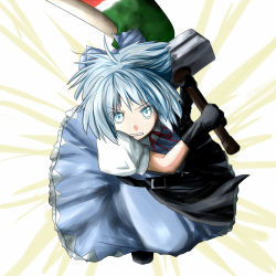 Rule 34 | 1girl, advent cirno, ao-shiba, blue eyes, blue hair, bow, cirno, emphasis lines, hair bow, matching hair/eyes, open mouth, solo, sword, touhou, weapon