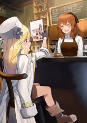 Rule 34 | 2girls, :d, absurdres, apron, ayul (ayulneri 92), black gloves, blonde hair, blush, boots, brown apron, brown footwear, brown hair, cafe, chair, closed eyes, collared shirt, commentary request, cup, dinergate (girls&#039; frontline), fingerless gloves, food, girls&#039; frontline, gloves, highres, holding, jacket, jacket on shoulders, long hair, mod3 (girls&#039; frontline), mosin-nagant (girls&#039; frontline), mosin-nagant (mod3) (girls&#039; frontline), mug, multiple girls, nagant revolver (girls&#039; frontline), nemoga, open mouth, profile, red eyes, sandwich, shirt, sitting, smile, springfield (girls&#039; frontline), white shirt, wing collar