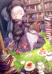 Rule 34 | 10s, 1girl, :o, beret, black bow, black capelet, black dress, black footwear, black gloves, black hat, black pantyhose, blush, book, book stack, bookshelf, boots, bow, cake, cake slice, candy wrapper, capelet, checkerboard cookie, chess piece, closed eyes, commentary request, cookie, cup, different reflection, doll joints, dress, elbow gloves, facing viewer, fate/extra, fate (series), flower, food, food print, fur-trimmed capelet, fur trim, gloves, gothic lolita, grass, hair down, hat, hat bow, highres, joints, knee boots, lolita fashion, long hair, mushroom, mushroom print, nursery rhyme (fate), pantyhose, parted lips, pixiv fate/grand order contest 2, plate, pocket watch, reflection, rimuu, roman numeral, sauce, silver hair, sitting, solo, spoon, striped, striped bow, tea, teacup, teapot, very long hair, watch, white flower, yokozuwari