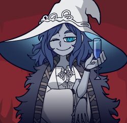 Rule 34 | 1girl, blue eyes, blue hair, blue skin, cloak, closed mouth, colored skin, commentary, cup, doll joints, dress, drink, drinking glass, elden ring, english commentary, extra arms, fur cloak, hat, helltaker, highres, holding, holding cup, joints, large hat, long hair, looking at viewer, one eye closed, ranni the witch, red background, shi ling yu, smile, solo, vanripper (style), wavy hair, white dress, white hat, wide sleeves, witch, witch hat